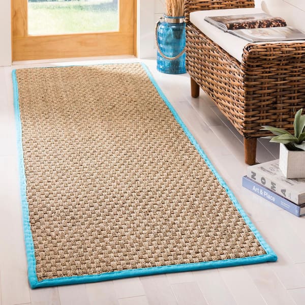 Natural Fiber Beige/Turquoise 3 ft. x 6 ft. Border Woven Runner Rug