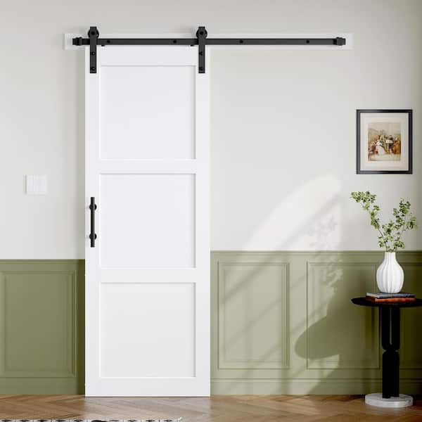 32 in. x 84 in. 3-Lite Manufactured White Finished Solid Wood Core Sliding Barn Door with Hardware Kit