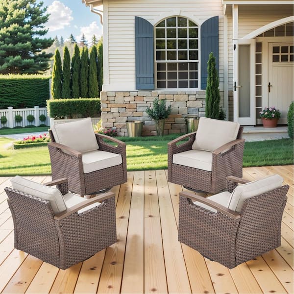 Kelsey Beige 4-Piece All-Weather Brown Wicker Swivel Rocking Chairs with 4 in. Ergonomic Cushions