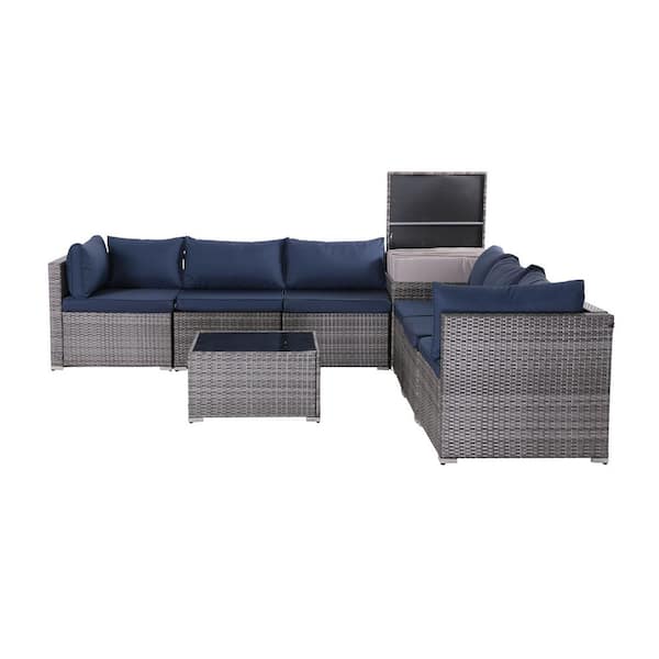 Unbranded 8-Piece Gray Rattan Wicker Outdoor Patio Sectional Sofa Set with Navy Blue Cushions and Storage Box