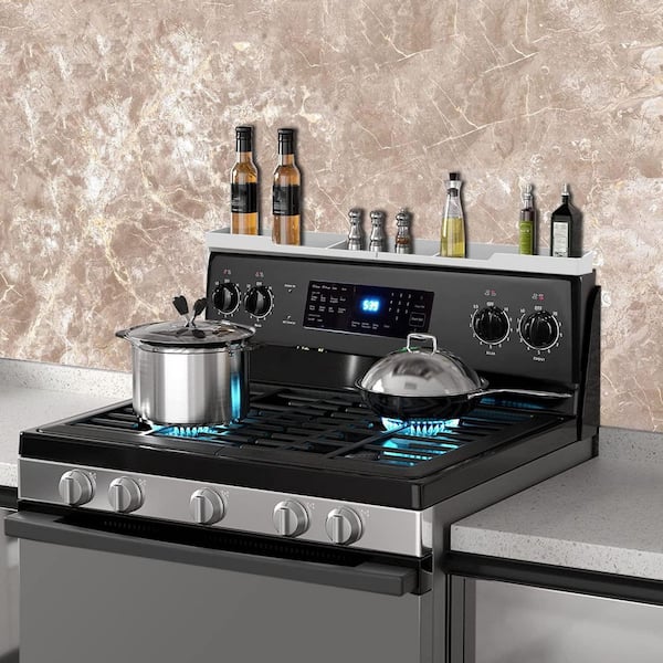 30 Inch White Stove Top Shelf, Silicone Magnetic Shelf for Stove, 3 Functional Partitions Kitchen Spice Rack Organizer