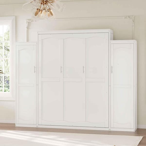 White Wood Frame Queen Size Murphy Bed with 2-Wardrobe and Storage Shelf