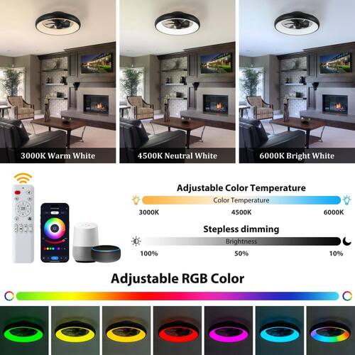 20 in. Dimmable Integrated LED RGB Smart Indoor Black Low Profile Ceiling Fan with Light and Voice/App/Remote Control Ceiling Fans