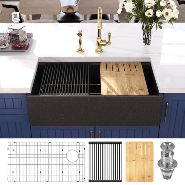 Dark Brown 33 in. Farmhouse Apron Front Single Bowl Concrete Workstation Kitchen Sink with Accessories