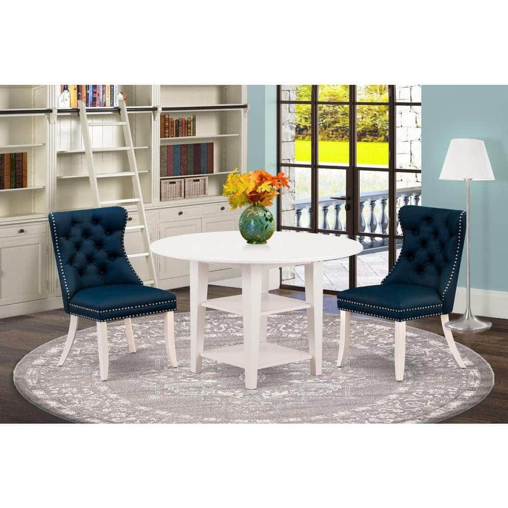 Linen White Round Dining Table Set with Navy Blue Faux Leather Chairs