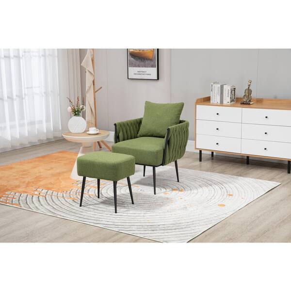 Green Linen Accent Chair with Ottoman for Living Room Bedroom PP