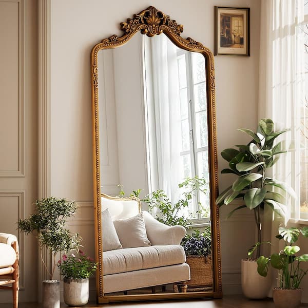 Antique Gold 32 in. W x 71 in. H Arched PU Frame with Ornate Carved Decoration Full Length Mirror Floor Mirror
