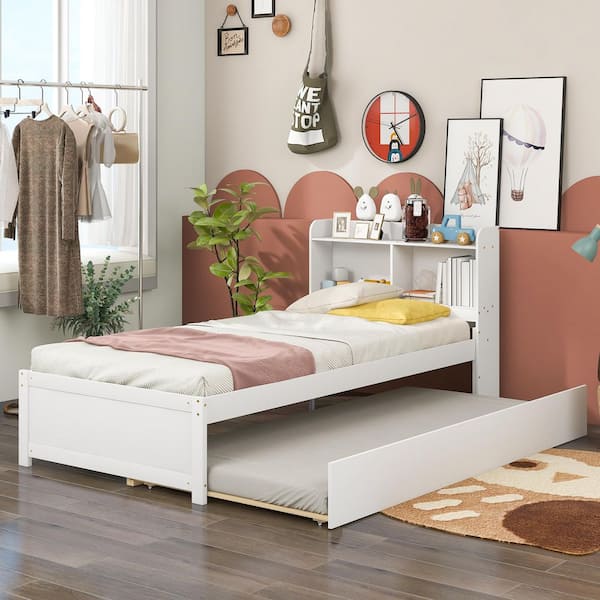 White Wood Frame Twin Platform Bed with Trundle and Bookcase