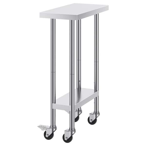 Silver Kitchen Prep Table Stainless Steel Work Table 24 x 12 x 38 in. 500 lbs. Load Capacity with 4-Wheels 3-Adjustable