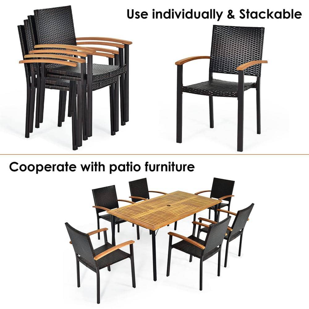 Black Wicker and Acacia Wood Stackable Outdoor Dining Chairs, Set of 4