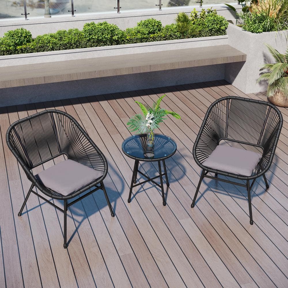 PHI VILLA Rattan 3-Piece Metal Outdoor Dining Set with Tempered