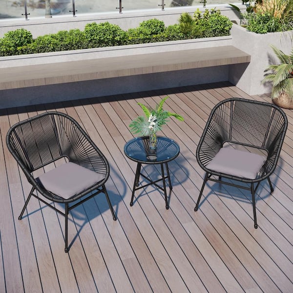 PHI VILLA Rattan 3-Piece Metal Outdoor Dining Set with Tempered Glass Table and Wicker Chairs