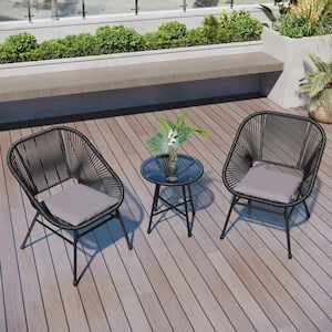 Rattan 3-Piece Metal Outdoor Dining Set with Tempered Glass Table and Wicker Chairs