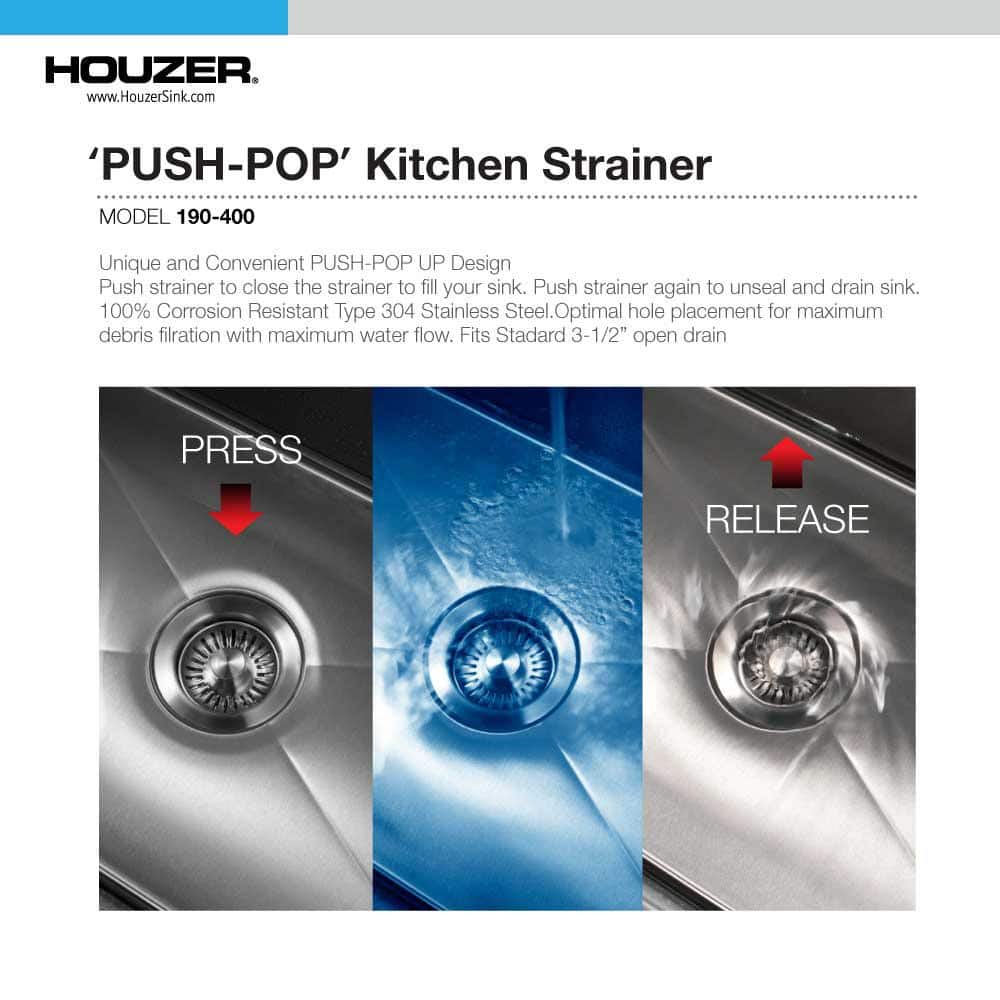 EZ Grip Stainless Steel Push-Pop Kitchen Sink Strainer, 3.5 inch