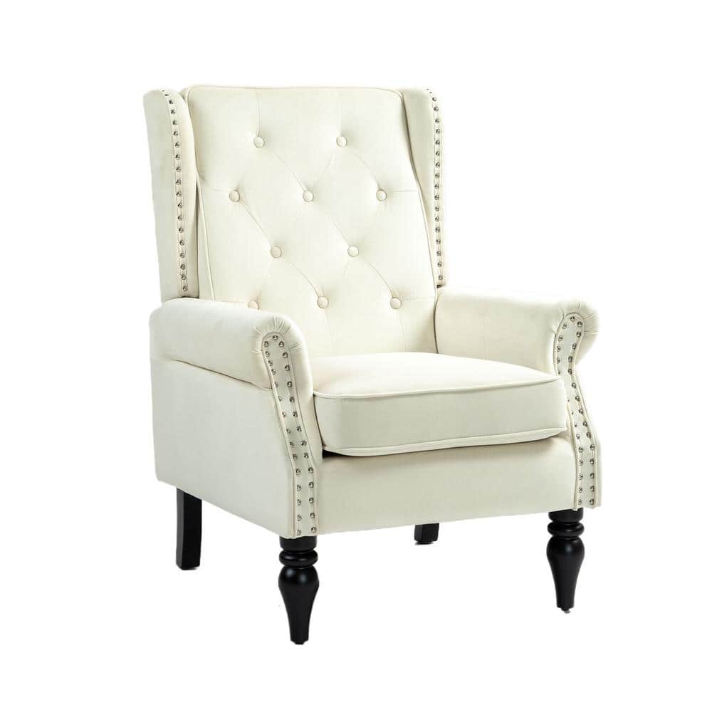 Beige Wood Outdoor Lounge Chair with Cushions and Sturdy Black Wood Legs fo