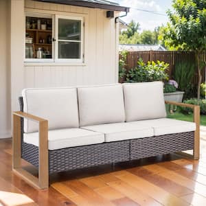 Allcot Brown Wicker Outdoor 3-Seat Sofa Couch with Deep Seating and Beige Cushions