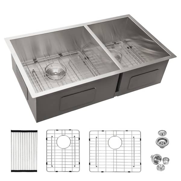 32 in. Undermount 60/40 Double Bowl 16-Gauge Brushed Nickel Stainless Steel Kitchen Sink with Bottom Grid & Drying Rack