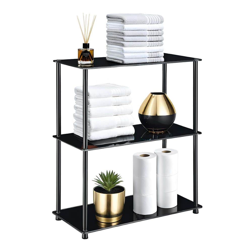 Black Glass 3-Shelf Bookcase with Stainless Steel Legs