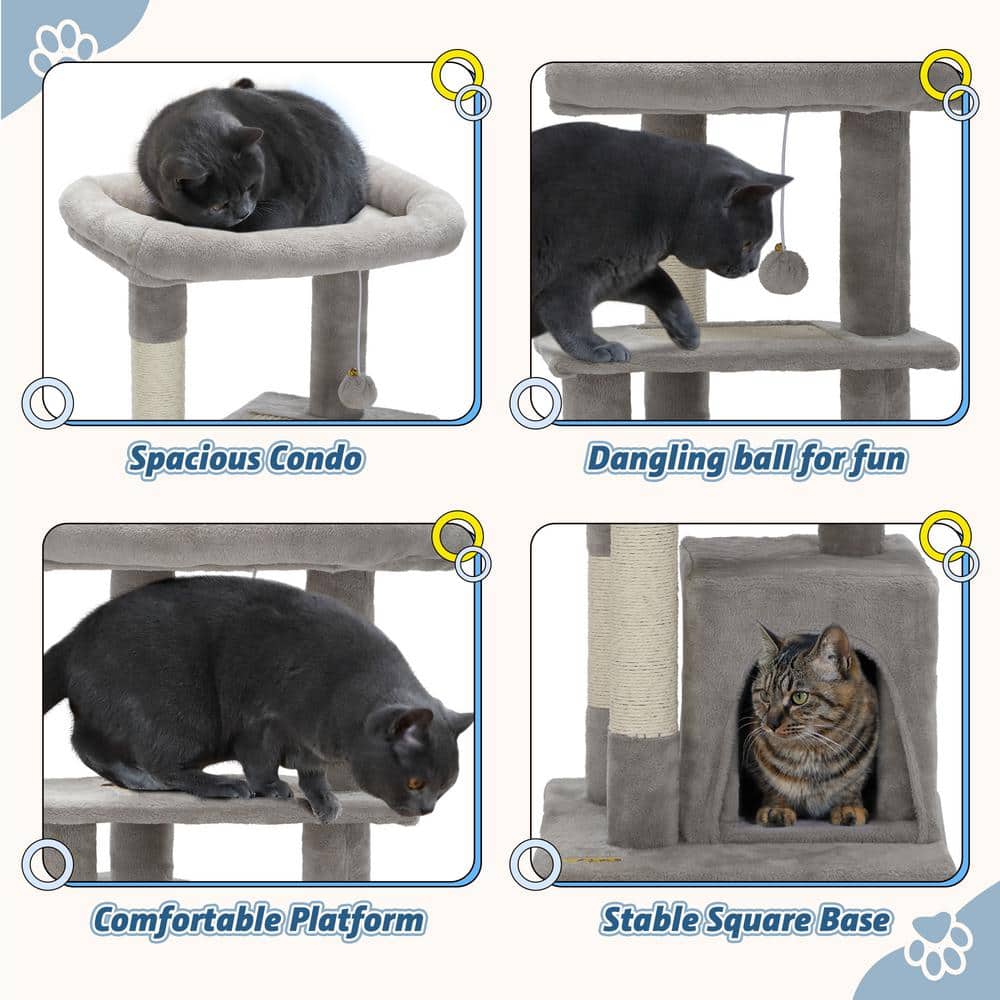 Light Gray Plush Cat Tree with Sisal Scratching Posts and Condo
