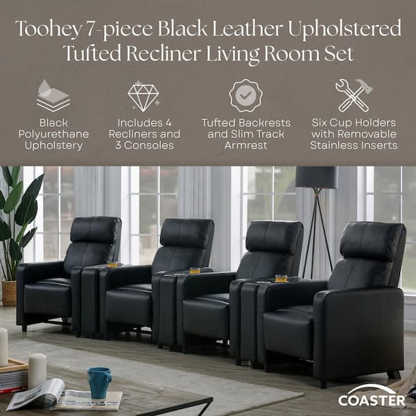 Toohey 7-piece Black Leather Upholstered Tufted Recliner Living Room Set