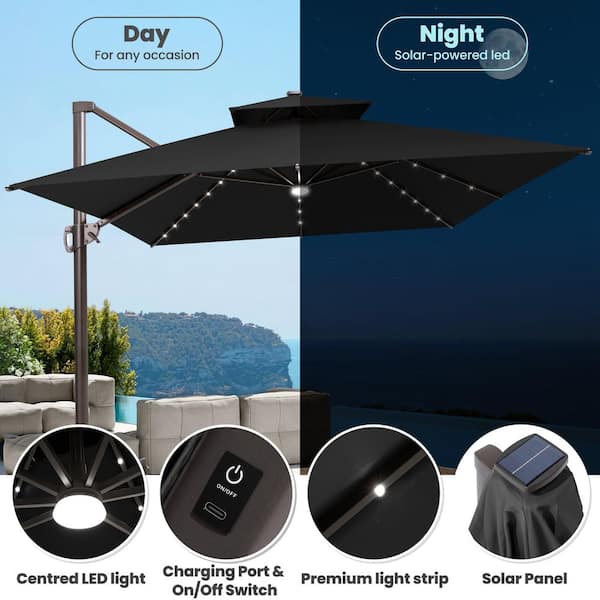 13 ft. x 10 ft. Solar Lighted Outdoor Cantilever Umbrella Double Top Patio Umbrella in Black with 350 lb. Wheeled Base