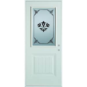 32 in. x 80 in. Silkscreened Glass 1/2 Lite 1-Panel Painted White Left-Hand Inswing Steel Prehung Front Door