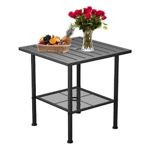 22 in. Metal Outdoor Side Table, Double Layers Dining Table With Umbrella Hole for Patio, Modern Waterproof End Table