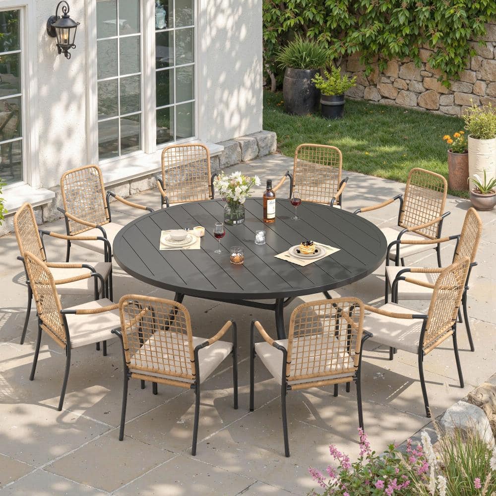 11-Piece Metal Outdoor Dining Set with 63 in. Round Black Dining Table and 10 Wicker Dining Chairs with Beige Cushions price history on PriceWatchPro