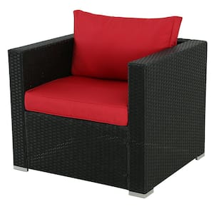 Modern 8-Piece Black Wicker Patio Conversation Set with Red Cushions