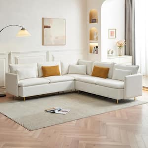 92 in. Beige Teddy Fabric Modern L-shaped Corner Sectional Sofa with Pillows and Metal Legs for Living Room Apartment