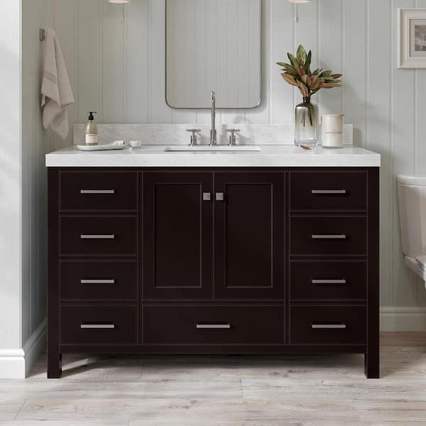 ARIEL Cambridge 54 in. W x 22 in. D x 36.5 in. H Single Sink Freestanding Bath Vanity in Espresso with Carrara Marble Top