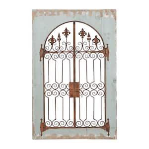 33 in. x  50 in. Wood Blue Window Pane Inspired Scroll Wall Decor with Metal Fleur De Lis Relief