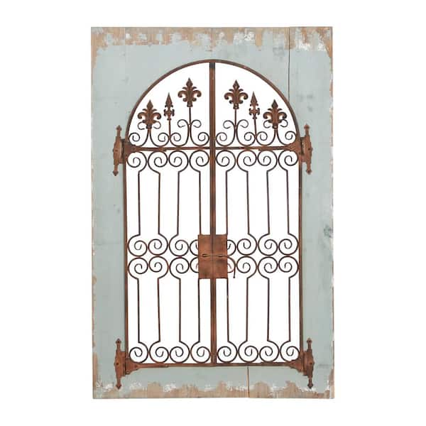 33 in. x 50 in. Wood Blue Window Pane Inspired Scroll Wall Decor with Metal Fleur De Lis Relief