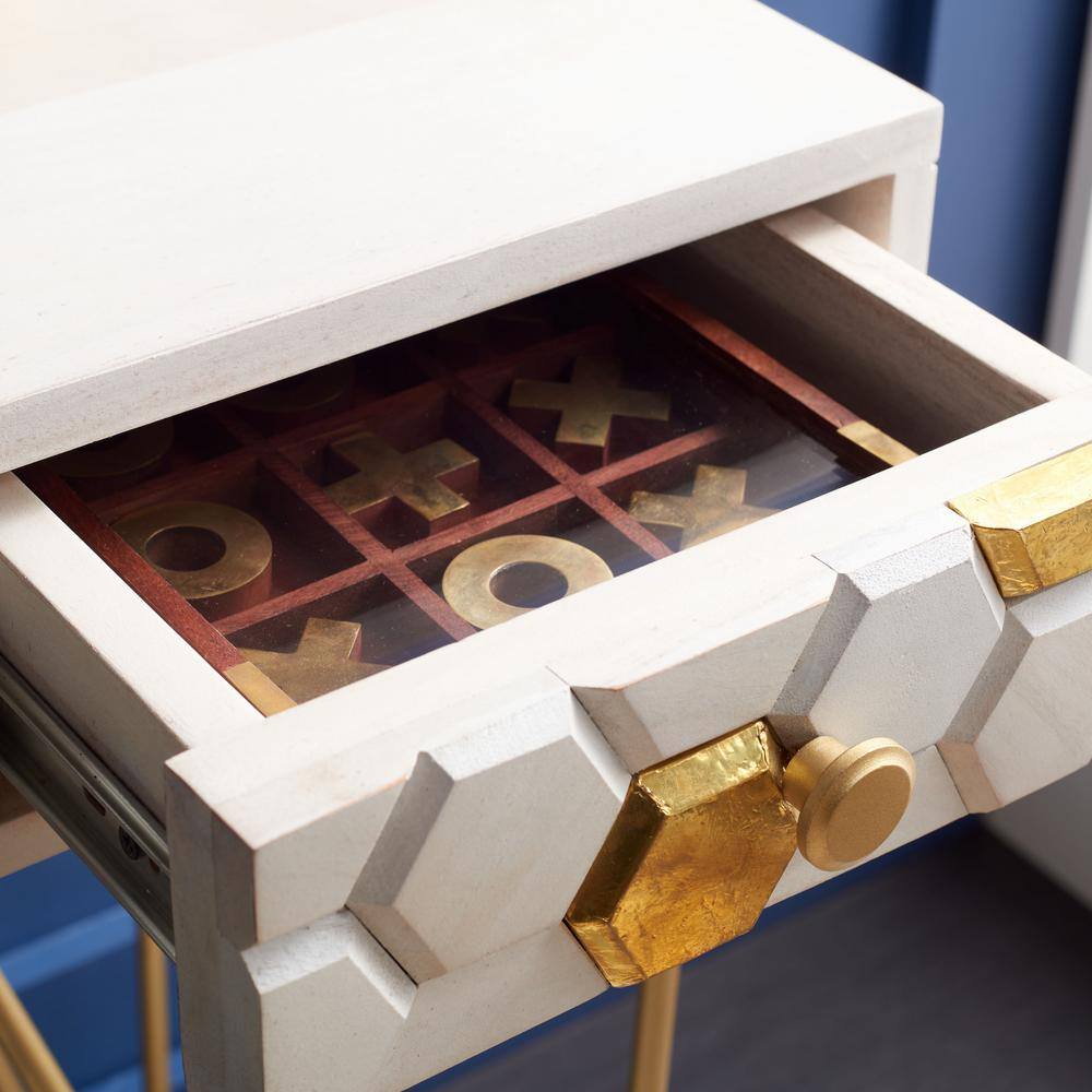White and Brass Wood Writing Desk with Drawer