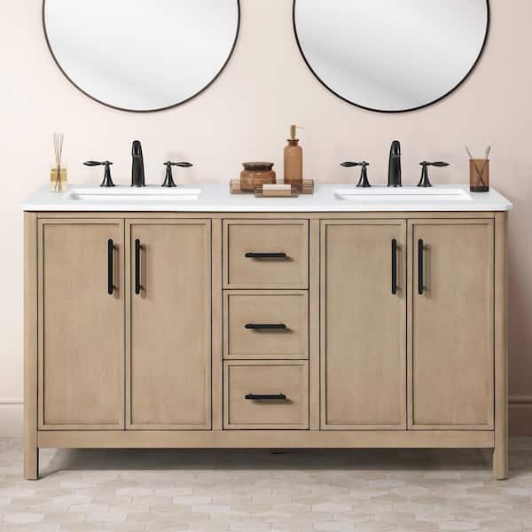 Solas 60 in. Double Sink Freestanding Sahara Birch Bath Vanity with White Engineered Stone Top
