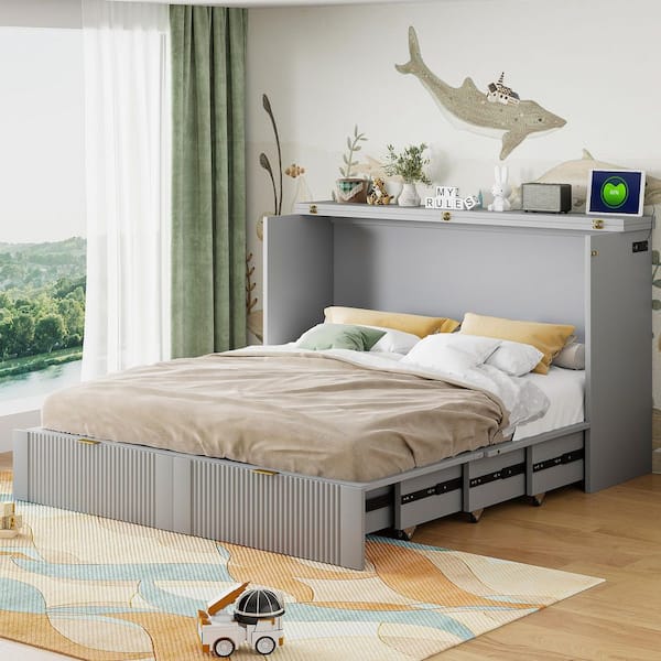 White Wood Frame Queen Size Murphy Bed with Drawer, Sockets and USB Ports