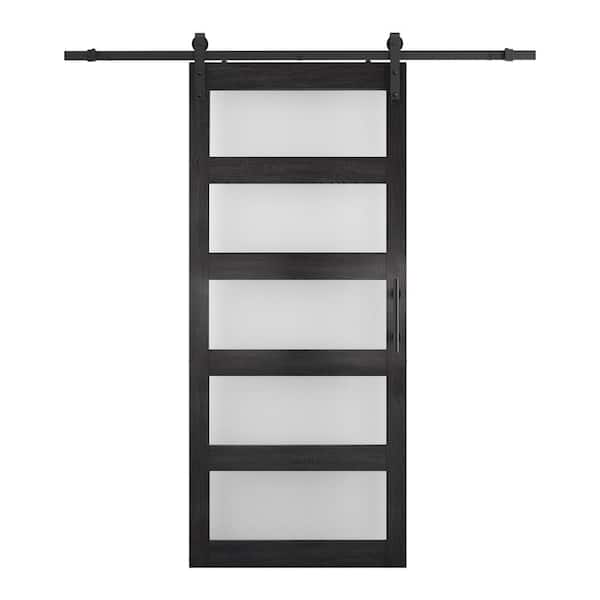 28 in. x 84 in. 5-Panel Frosted Glass Dark Grey Prefinished MDF Interior Sliding Barn Door with Hardware Kit