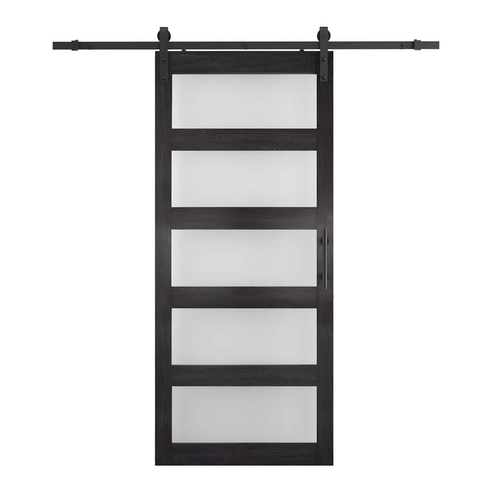 42 in. x 84 in. 5-Panel Frosted Glass Dark Grey Prefinished MDF Interior Sl