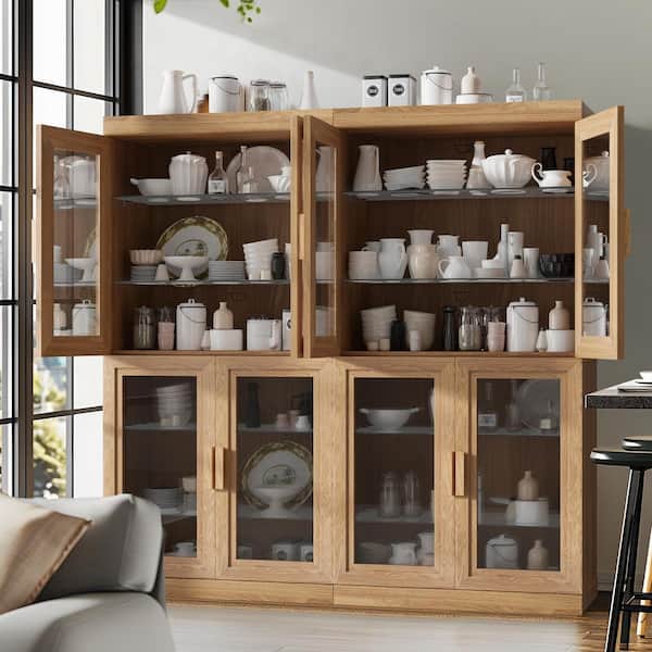 Natural Wood 62 in. W x 62 in. H Classic Kitchen Pantry Cabinet with Glass Doors and Adjustable Shelves
