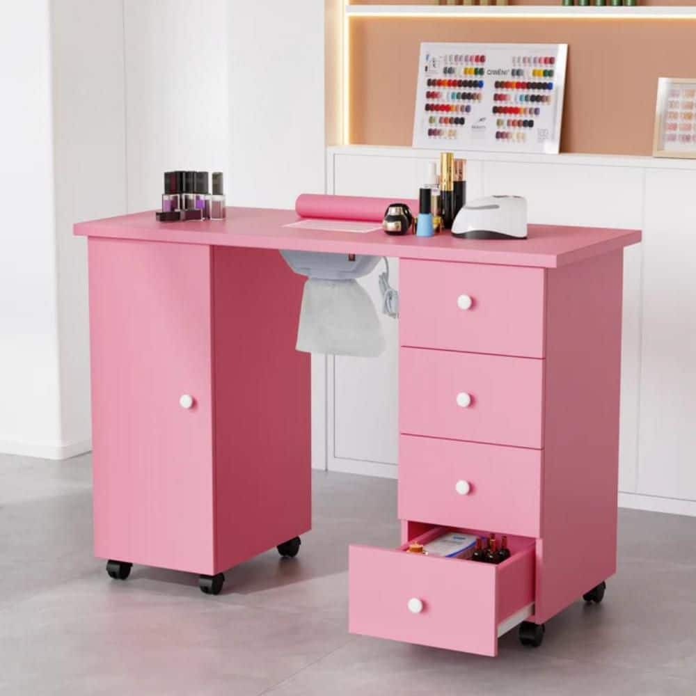 42.5 in. Rectangular Pink MDF 4-Drawer Manicure Table Nail Desk with Cabinet, Doors, Electric Dust Collector