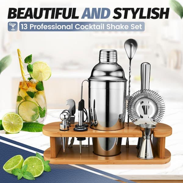 Lynzavix 13-Piece Stainless Steel Cocktail Shaker Set with Bamboo