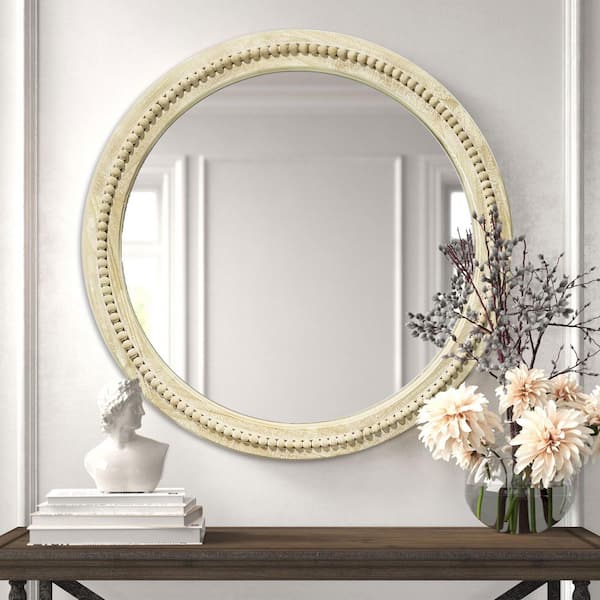 36 in. W x 36 in. H Bohemian Carved Beaded Round Wood Frame Wall Mirror Decorative Mirror