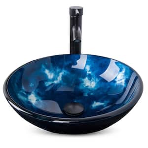 Ocean Blue Bathroom Tempered Glass Round Vessel Sink with Oil Rubber Bronze Faucet and Pop up drain Combo