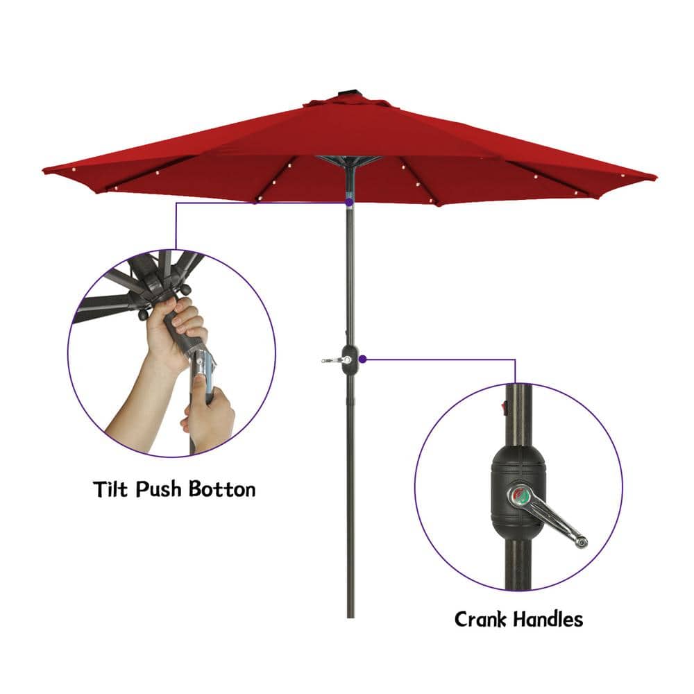 9 ft Red Solar LED Tilt Patio Umbrella with Steel Pole