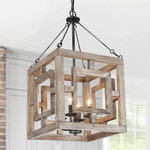 Original Cube Lantern Brown Wood Candlestick Island Chandelier with Antique Black Finish, 4-Light Square Pendant Lamp