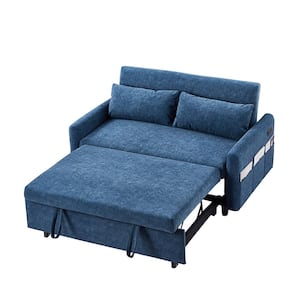 Loveseat 55.1 in. Blue Microfiber Twin Size Sleep Sofa Bed, Adjustable Backrest, Storage Pockets and 2-Soft Pillows