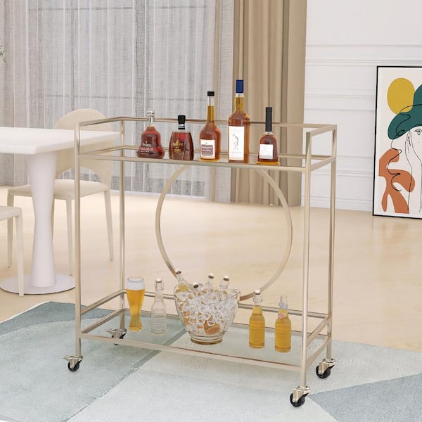 RiteSune Modern Champaign Gold Rolling Bar Cart with Mirrored Shelves