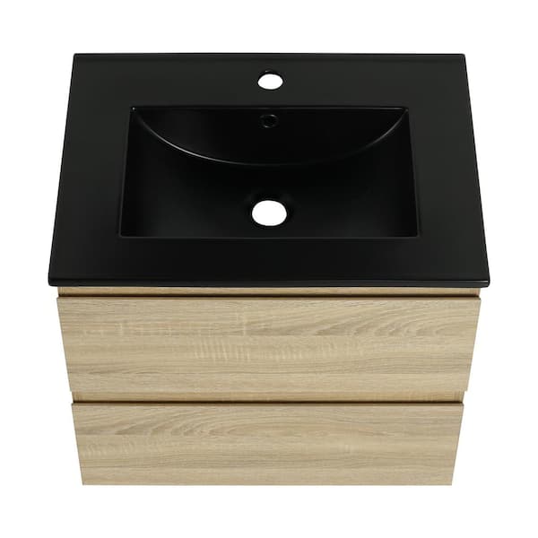 Boosicavelly 24 in. W x 18.3 in. D x 20.5 in. H Single Sink Wall Mounted Bath Vanity in Light Oak with Black Ceramic Top