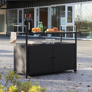 Black Portable Wicker Outdoor Bar Cart with Wheels, Rolling Serving Cart, Rattan Bar Table with Storage Cabinet