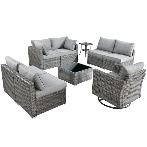 Messi Gray 9-Piece Wicker Outdoor Patio Conversation Sectional Sofa Set with a Swivel Chair and Dark Gray Cushions